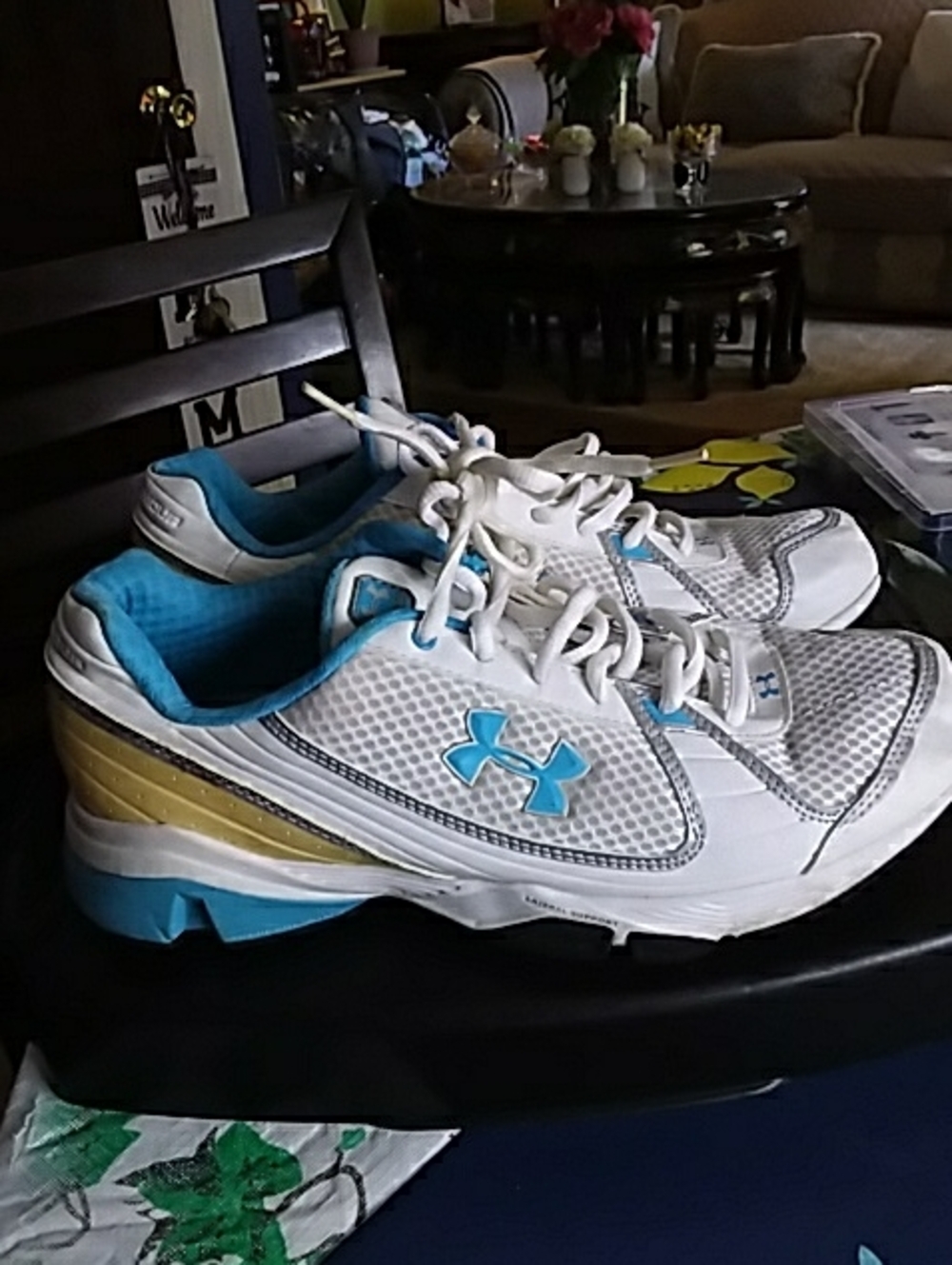 Under Armour Women's White Athletic Sneakers with Blue and Gold Accents